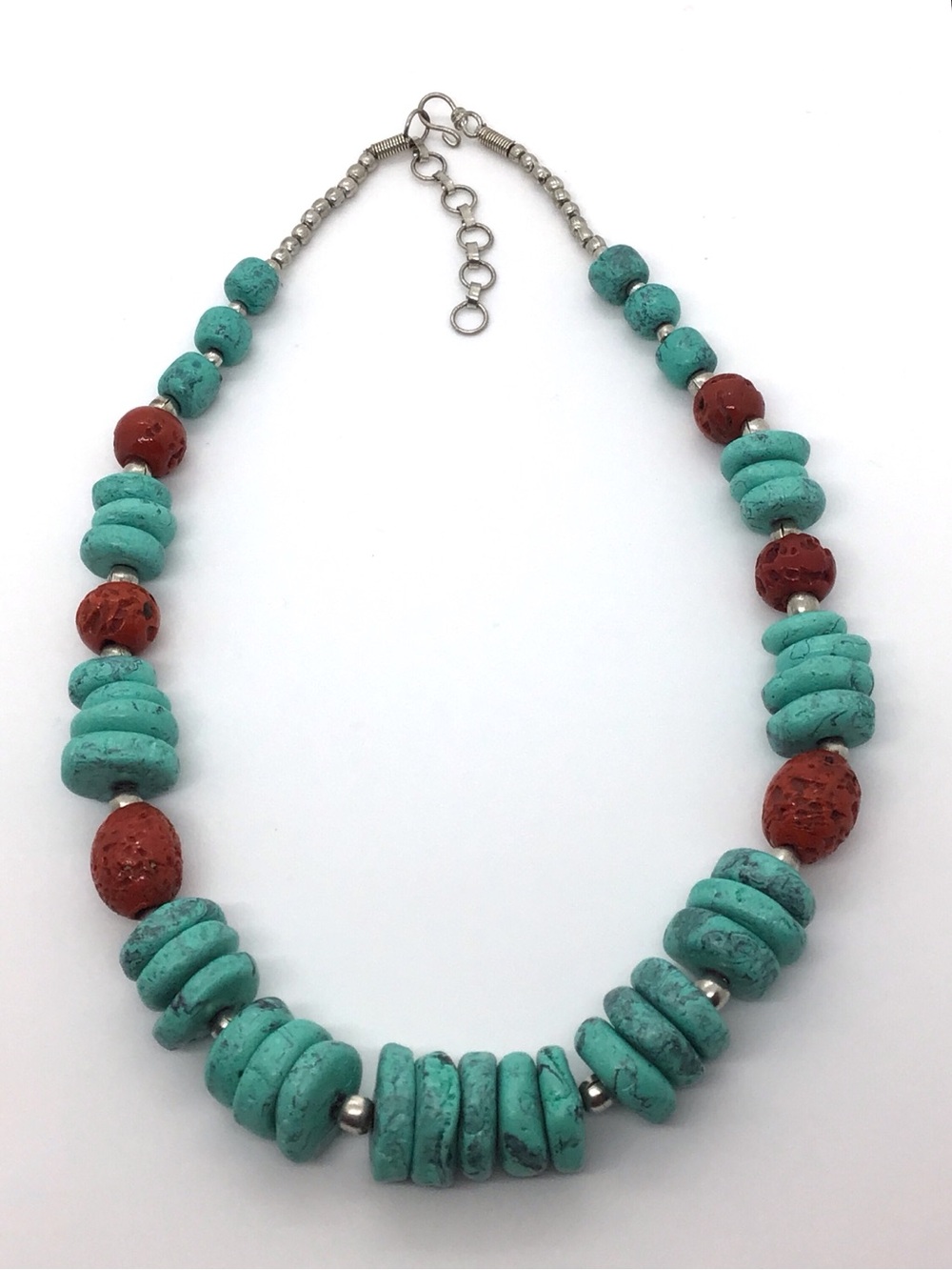 Handmade Faux Turquoise & Coral Bead Statement Necklace 22 3/4” with 2” Extender